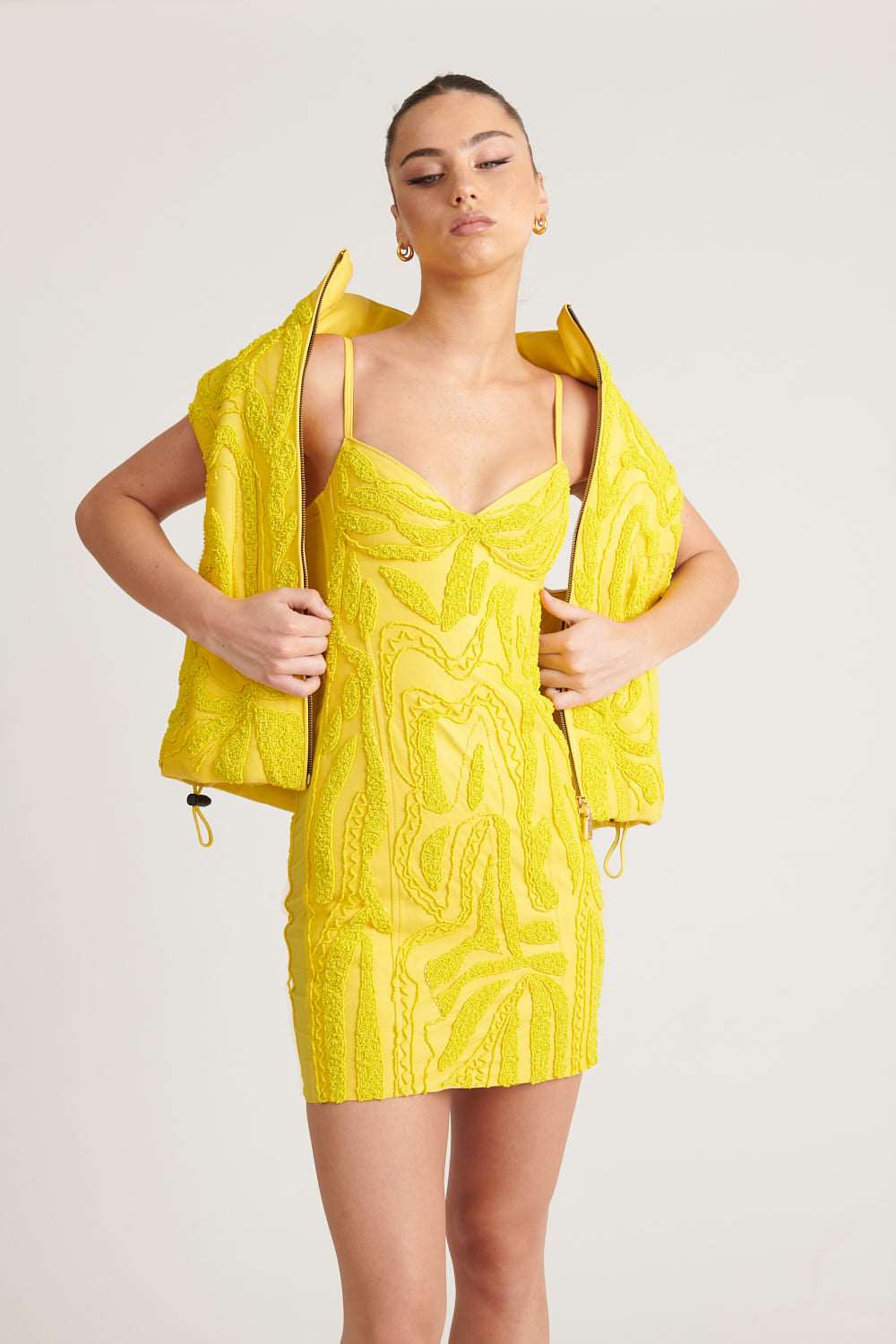 Beaded Leather Date Dress - Yellow