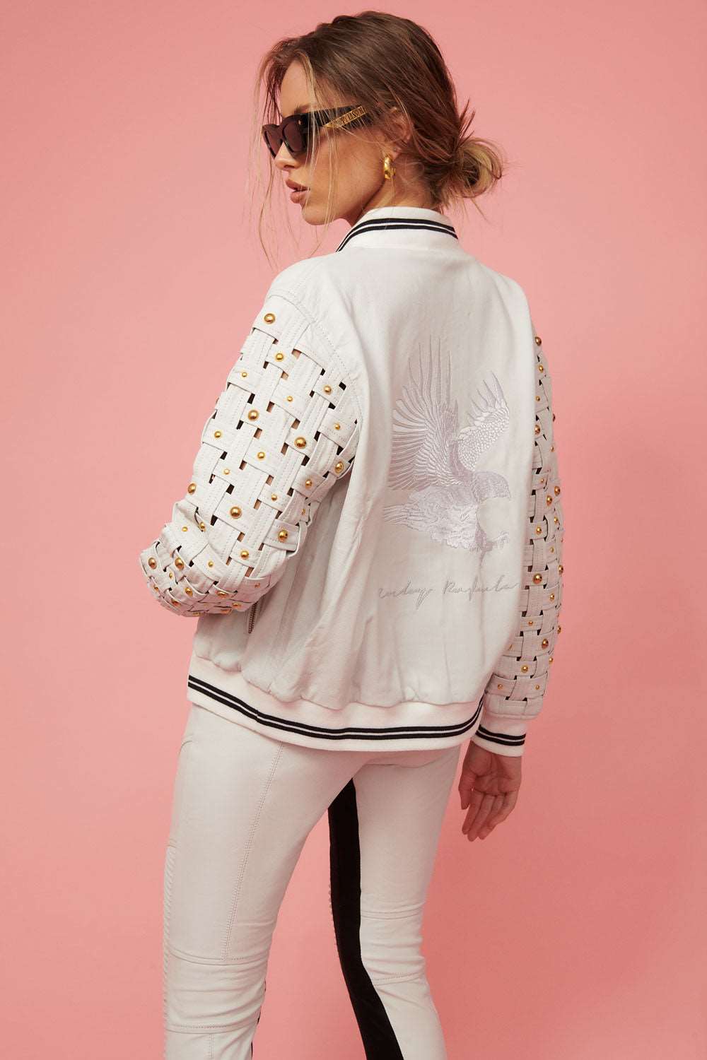 Leather Woven Bomber Jacket - White